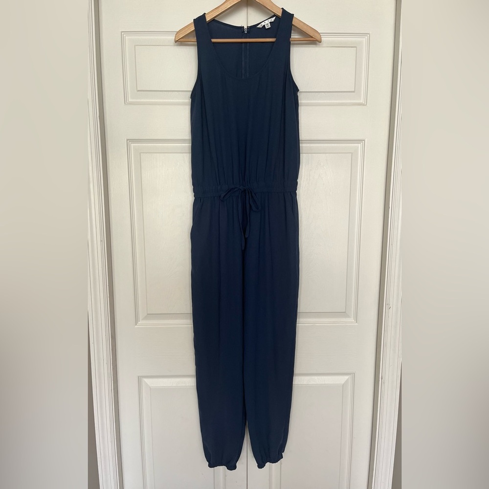 {CAbi} French Navy Blue Drawstring Tie Waist Sleeveless Jogger Jumpsuit - XS
